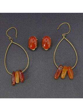 Carnelian Gemstone Clip Back and Dangle Earrings Gold Tone Fashion Jewelry